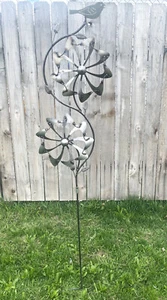 Heavy Duty Double Spinner w/Bird Metal Welded Yard Stake Wind Spinner Garden Art - Picture 1 of 7