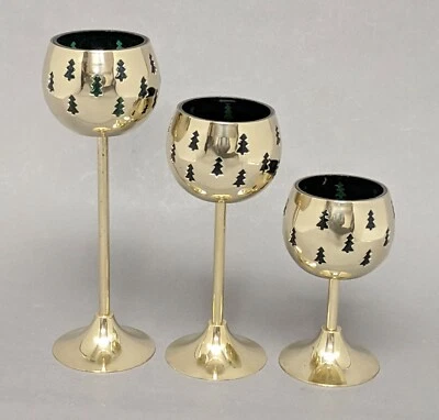 Votive Candle Holder Brass Green Glass Liner Tree Cutout 3"D 6-7.5-9"Tall  Set/3 - Image 1 of 4