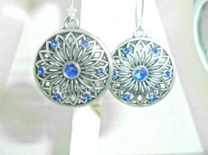 New Beautiful Design w/ Blue Crystals Silver-tone Dangle Earrings 1-15/16" Long - Picture 1 of 3
