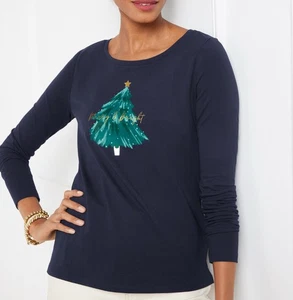 Talbots Christmas Tree Navy Long Sleeve Top Merry & Bright Sz 1X Cotton NWT - Picture 1 of 9