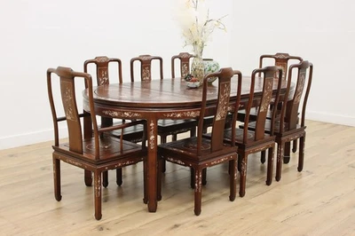 Chinese Vintage Rosewood & Pearl Dining Set 8 Chairs & Table #55620 - Image 1 of 4