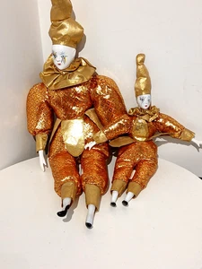 2 muñecas bufón de porcelana arlequín, pan de azúcar dorado - Imagen 1 de 5