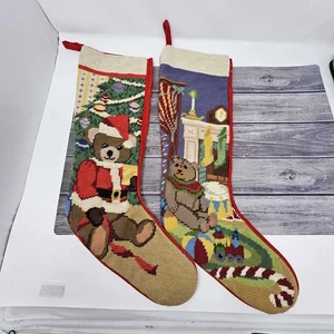2 Nadelspitze Samt Rückseite Teddybären Weihnachtsbaum Strumpf Geschenk Vintage - Bild 1 von 11