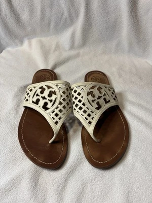 Tory Burch Women's Leather Miller Sandal Size 9M White/Brown - Image 1 of 4