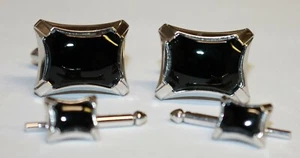 Swank Black Glass Cufflinks & 2 Button Studs Silver Tone Formal Wear Tuxedo  - Picture 1 of 5