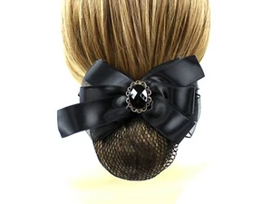 Acrylic Crystal Black Ribbon Bow Hair Brooch Bun Net Cover Snood Barrette Clip - Picture 1 of 12