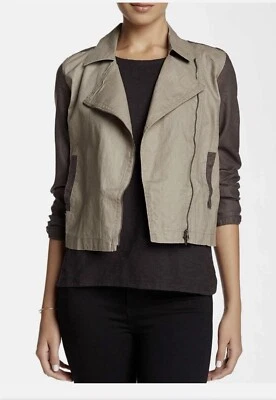 Chaqueta Moto Eileen Fisher Recubierta Orgánica Lino Piedra Cremallera Asimétrica Talla Pequeña PM Foto 1 de 4