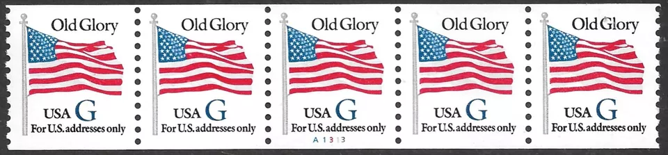 US Stamps #2890 32c. G Old Glory Plate Number A1313 Coil Strip of 5 MNH - Image 1 of 1