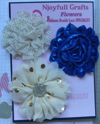 GOLD Flecked IVORY & NAVY BLUE 3 Flowers Fabric Organza Lace 60-75mm N1 D NJC — 第 1/4 张图片