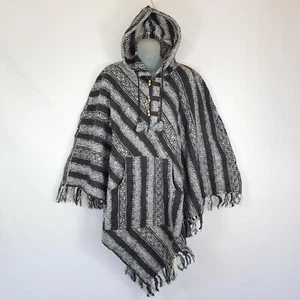 Grey Black Poncho Boho Baja Shawl Festival Hippie Outdoor Surf Mexican Camping - Picture 1 of 4