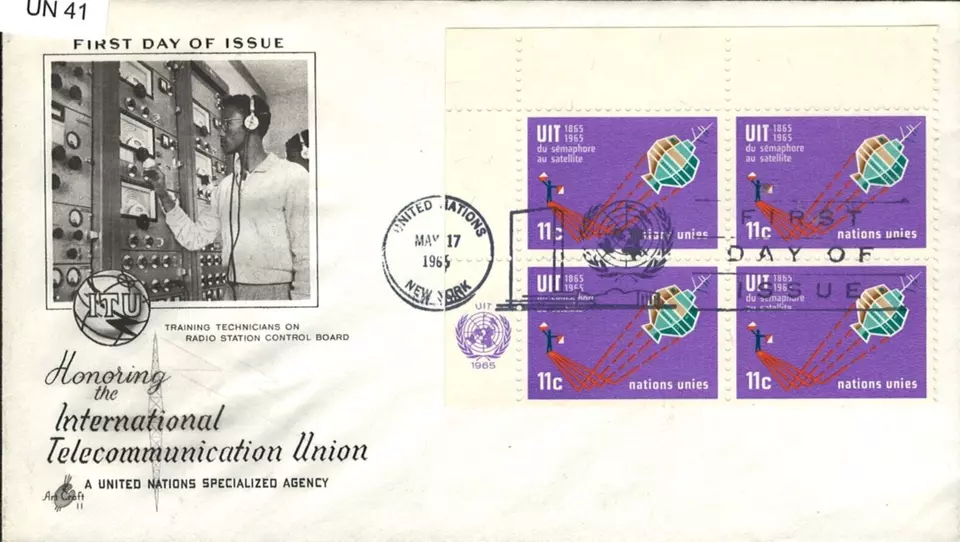 SAVOYSTAMPS–UN FDC CACHET–1965 – HONORING THE INTERNATIONAL TELECOMM ORGANIZAION - Image 1 of 1