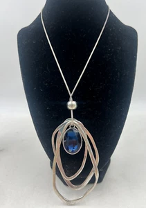 Susan Graver Multi Ring Pendant Necklace Silvertone Chunky Blue Stone - Picture 1 of 4