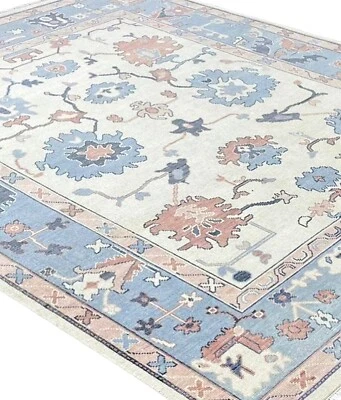 Modern Oushak Hand Knotted Floral Rug 9x12 Ivory Blue 100% Wool Carpet for Home - Image 1 of 3