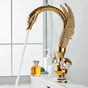 Waterfall Bathroom Sink Faucet Dual Knob Basin Vanity Mixer Faucet 1 Hole Gold - Picture 1 of 12