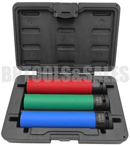3pc Extra Long 1/2" Dr. Color Thing Wall Wheel Lug Nut Deep Impact Socket Set - Picture 1 of 1