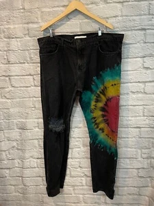 Pantalones de mezclilla dorados para hombre negros arco iris tie dye desgastados ropa de calle 42/33 - Imagen 1 de 11