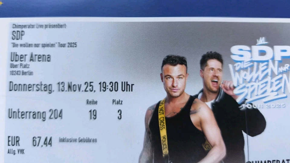 1 SDP Ticket 13.11.2025 Berlin - Uber Arena / Sitzplatz Unterrang Reihe 19 Platz - Bild 1 von 1