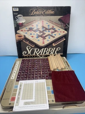 Vintage Scrabble Deluxe Edition Rotating Turntable mahogany Wood Tiles 1989 MB - Image 1 of 4