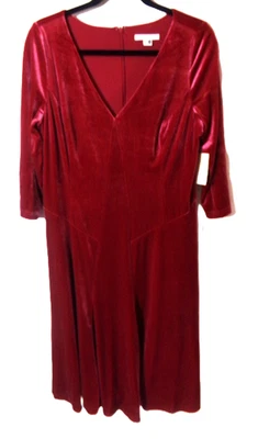 NWT COLDWATER CREEK SZ.M RED VELVET 3/4 SLEEVE V NECK FIT AND FLARE DRESS - Image 1 of 4