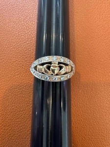 Sterling Silver & 9k Gold Claddagh Love Ring w/ Clear Stones Size 6 - Picture 1 of 12