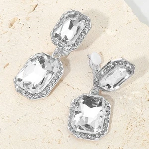 Clip on 1 3/4" silver and clear square stone dangle earrings - Picture 1 of 4