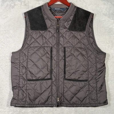 Polo Ralph Lauren Vest Mens XL Brown Quilted Shooting Suede Trim Zip Pockets - Image 1 of 4