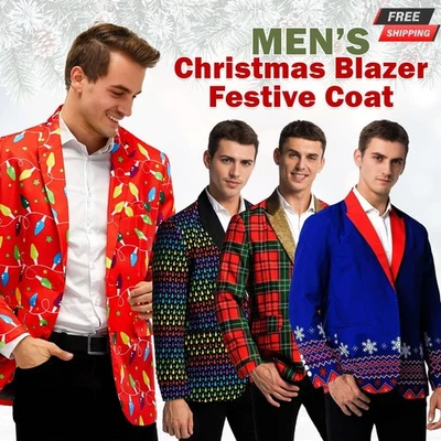 Blazer de Navidad para Hombres Abrigo Festivo Novedad Fiesta de Navidad Estampado Traje Chaqueta Foto 1 de 4