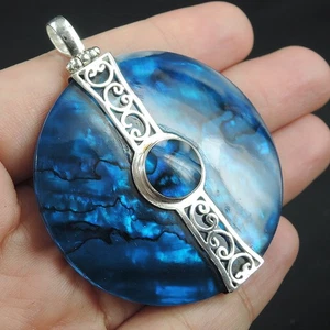925 Sterling Silver Large Round Blue Paua Abalone Shell Pendant, PASP-301 - Picture 1 of 7