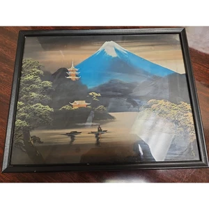Vintage handgemalt auf Seide gerahmt japanisch inspiriertes Gemälde Berg Fuji 11 x 14 624 - Bild 1 von 11