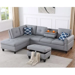 Sectional Sofa Set w/ Storage Ottoman L-Shaped Living Room Faux Leather Couch - Picture 1 of 11