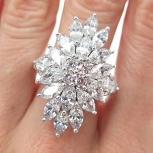 925 Sterling Silver Round & Marquise-Cut C Z Cluster Ring Size 9 - Picture 1 of 9