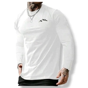 Men's T-shirt Casual Slim Fit Round Neck Long Sleeve With Front Logo - Picture 1 of 2