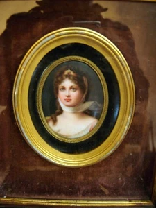 Antique Painting on Porcelain KPM Era Pretty Woman with Scarf Shadow Box Frame - Picture 1 of 9