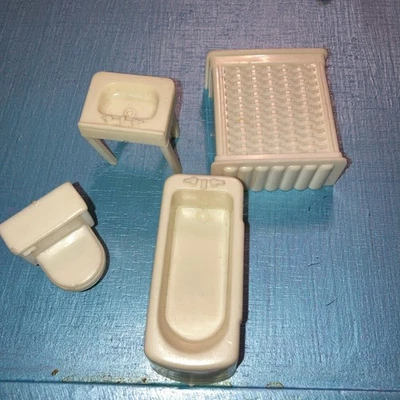 Fregadero de baño crema plástico suave vintage MARX bañera cesta muebles de 4 piezas Foto 1 de 4