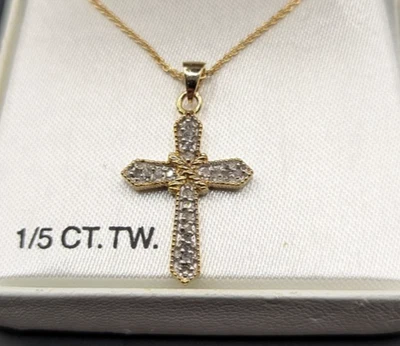 18k Yellow Gold over Sterling Silver RD Natural Diamond Cross Pendant Necklace - Image 1 of 3