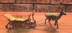Vtg. Solid Brass 3 Piece Reindeer & Sleigh Made in India Christmas Holiday Decor - Picture 1 of 10