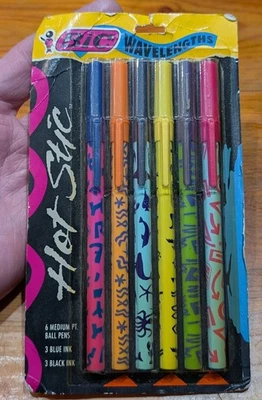 New Vintage 1991 BIC Wavelengths Hot Stic, 6 Medium Ball Pens, 3 Blue, 3 Black - Image 1 of 2