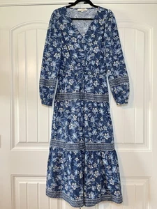 LOFT Floral Smocked Tie Waist Midi Dress Blue Floral Long Sleeve Size Small TALL - Picture 1 of 7