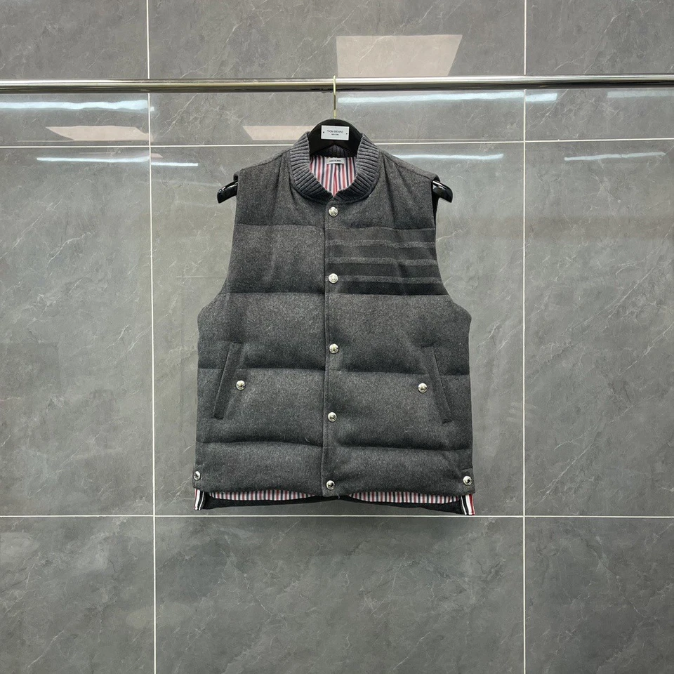 Thom Browne Men/women Autumn New Striped Buckle Cardigan Duck Down Wool Vest - Image 1 of 4