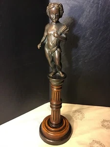 Vintage Bronze Figural Statue Pedestal Boy Holding Wheat W Cutter 18.75” Tall - Picture 1 of 8