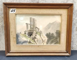 DIPINTO ACQUERELLO RUDERI CON SOLDATI QUADRO CORNICE IN LEGNO - Imagen 1 de 5