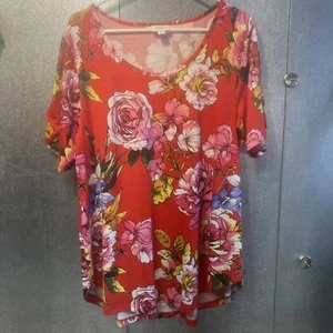 LuLaroe Short Sleeve Blouse Size XL Colored Flowers Red Shirt High Low - Picture 1 of 19
