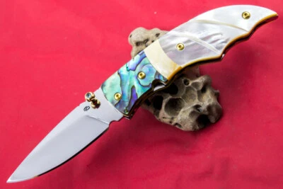 CUSTOM TS HANDMADE FOLDING KNIFE 440C ABALONE YELLOW WHITE PEARL TITANIUM SCREW - Image 1 of 4