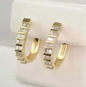 2Ct Baguett Cut Lab Created Diamond Women's Hoop Earrings 14K Yellow Gold Plated - Picture 1 of 9