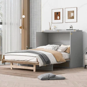Wood Queen Size Murphy Bed Frame with Large Drawer For Bedroom Living Room Gray - Picture 1 of 9