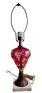 A Cranberry Etched lamp Glass Marble Base Antique  Table boidoir 30" tall A123 - Picture 1 of 4