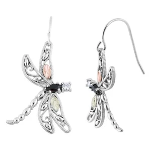 Black Hills Gold and Silver Lab Created Onyx Dragonfly Earrings - Picture 1 of 1