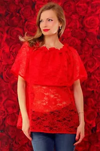 Perfina Rot Top Off Schulter Spitze Blumentop Elegant Colwneck Sommerbluse - Bild 1 von 5