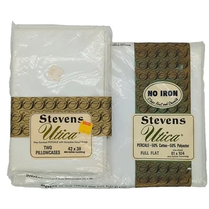 Stevens Utica Percale Full Size Flat & Pillow Cases Solid White Vintage USA NOS - Picture 1 of 9