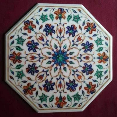 Mesa central de esquina de café de mármol blanco de 18" con incrustación de mosaico de piedra antiguo D1 Foto 1 de 4